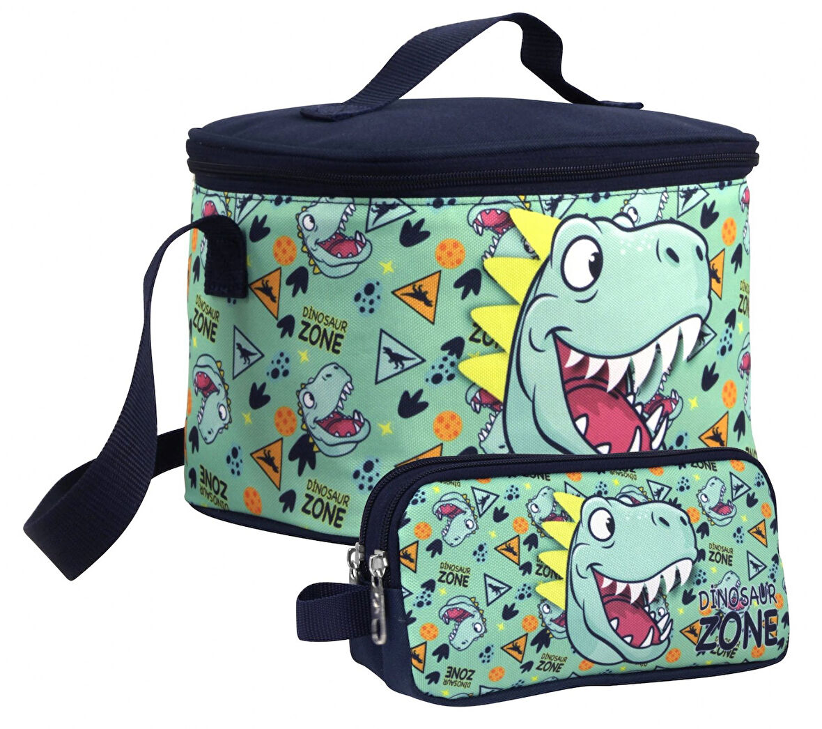 Cennec Erkek Çocuk Dinazor Desenli Yeşil Lacivert Beslenme Çantası ve Kalemlik Seti