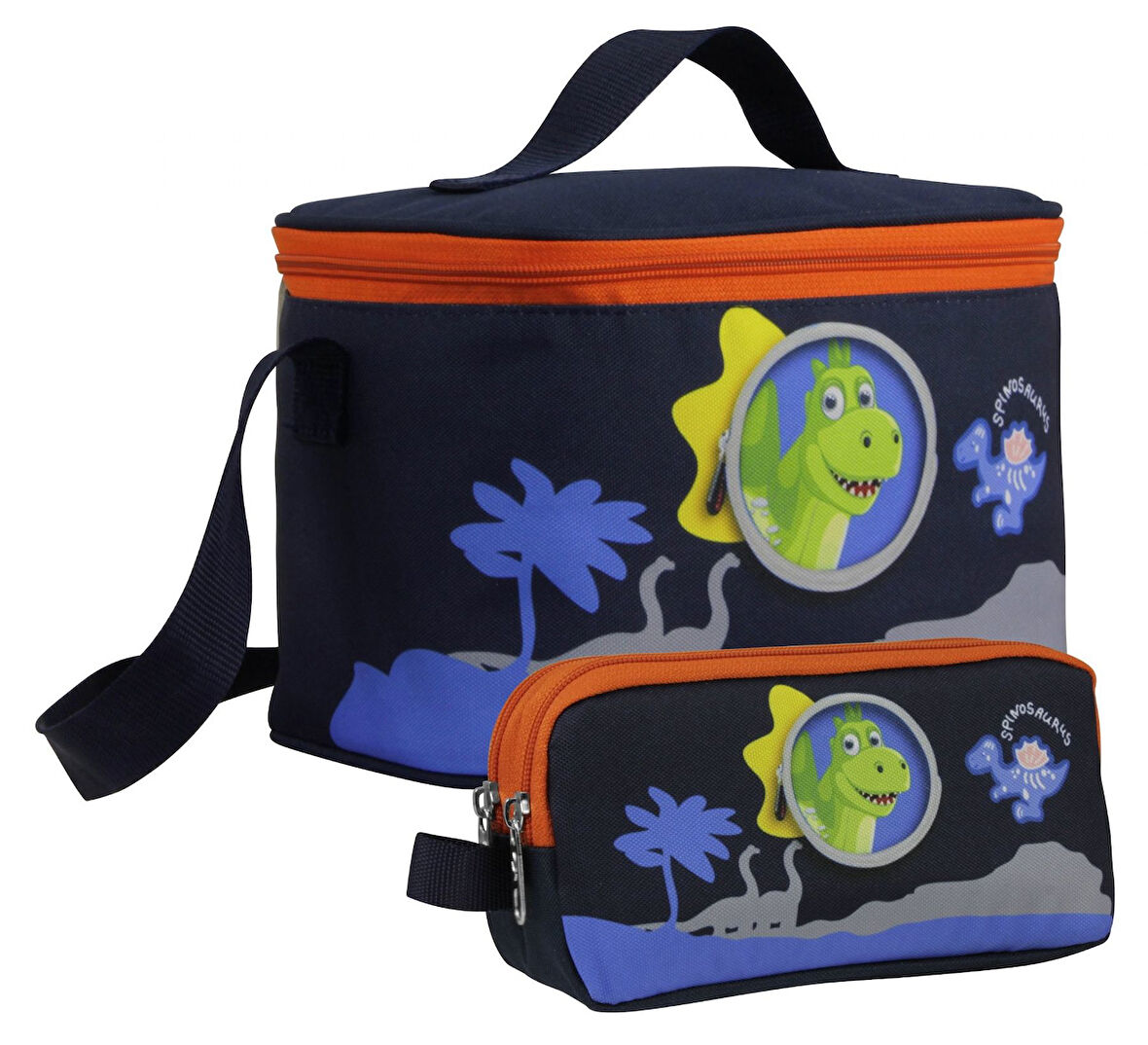Cennec Erkek Çocuk Sevimli Dinazor Desenli Mavi Kırmızı Beslenme Çantası ve Kalemlik Seti
