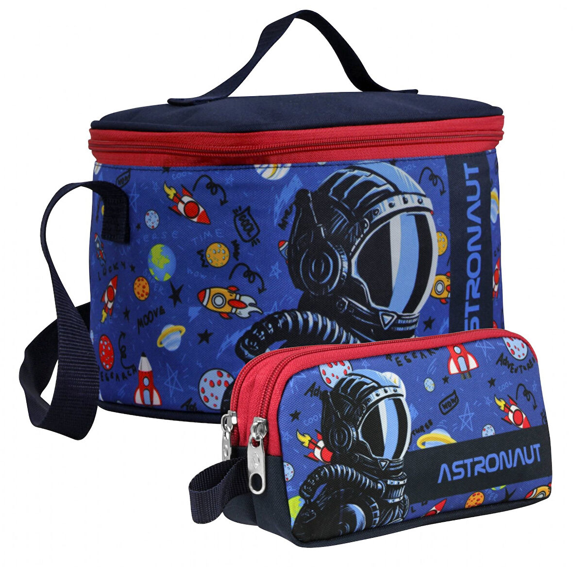 Cennec Erkek Çocuk Astronot Desenli Lacivert Mavi Beslenme Çantası ve Kalemlik Seti