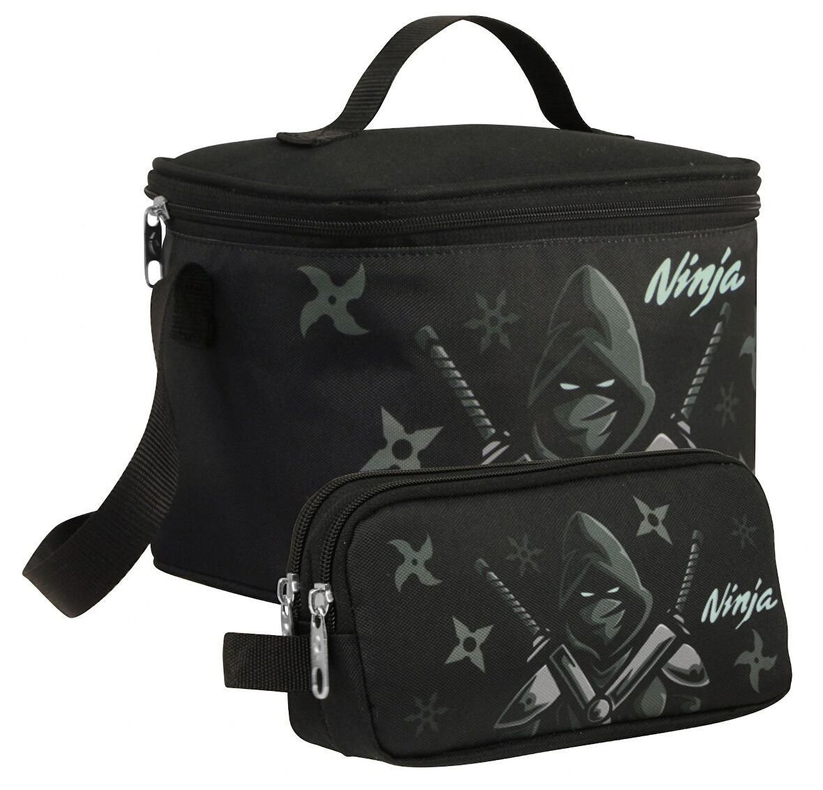 Cennec Erkek Çocuk Ninja Desenli Siyah Turkuaz Beslenme Çantası ve Kalemlik Seti