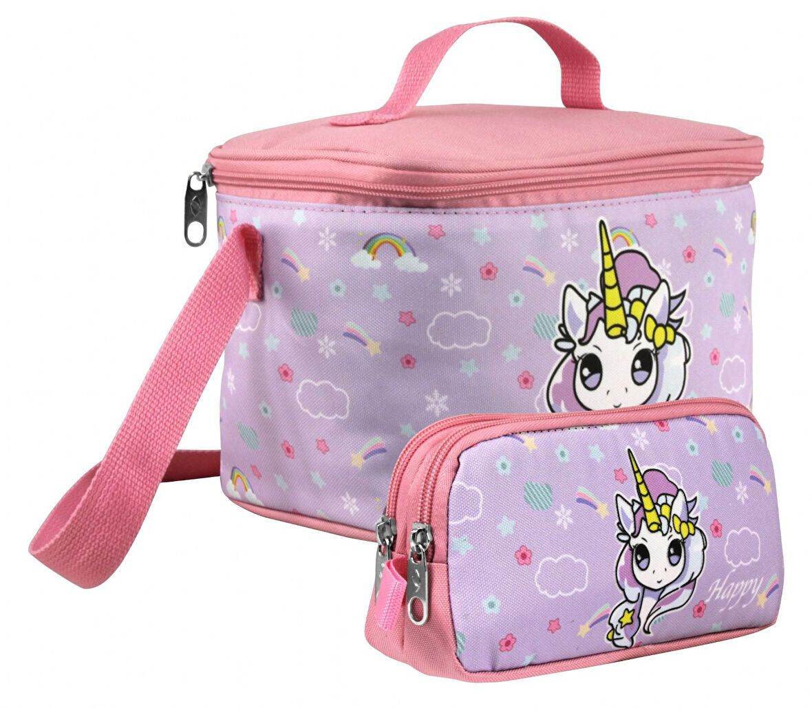 Cennec Kız Çocuk Gökkuşağı Unicorn Desenli Turkuaz Pembe Beslenme Çantası ve Kalemlik Seti