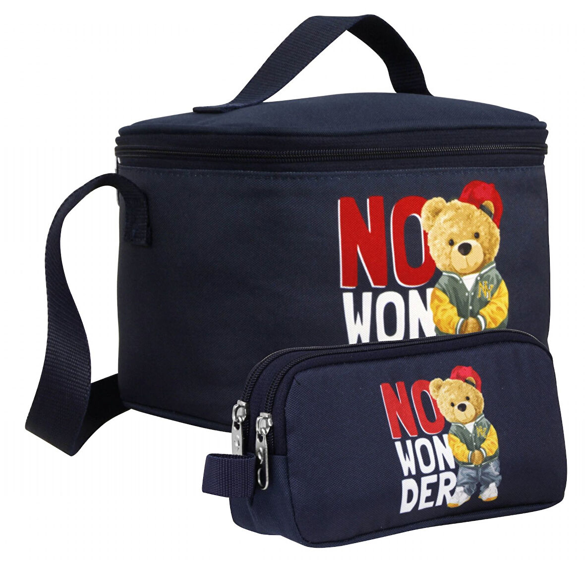 Cennec Erkek Çocuk Hiphop Ayıcık Desenli Lacivert Beyaz Beslenme Çantası ve Kalemlik Seti