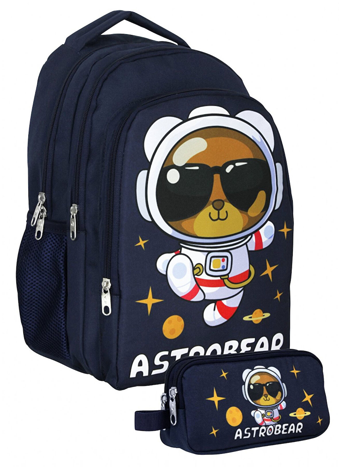 Cennec Lacivert Beyaz Astronot Ayıcık Baskılı Erkek Çocuk Çanta Seti (Sırt Çantası+Kalemlik) - SETUMT5045C