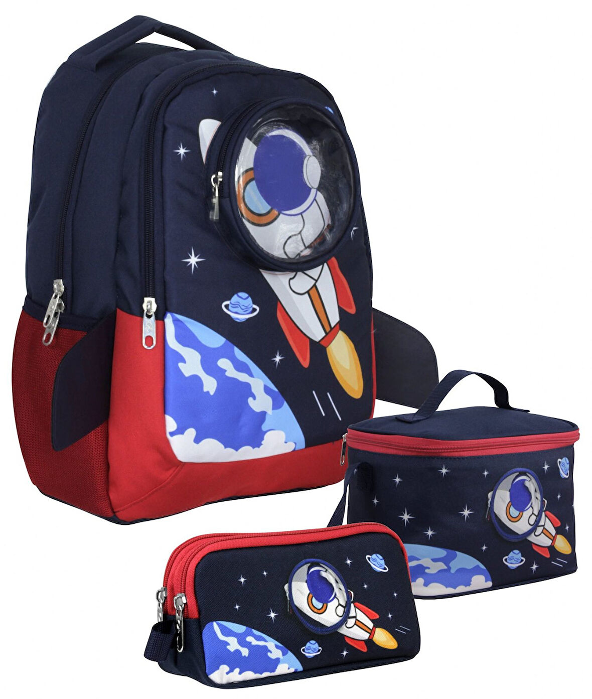 Cennec SETUMT5042A Üçlü İlkokul Çanta Seti (Lacivert Kırmızı - 3D Astronot - Erkek Çocuk)