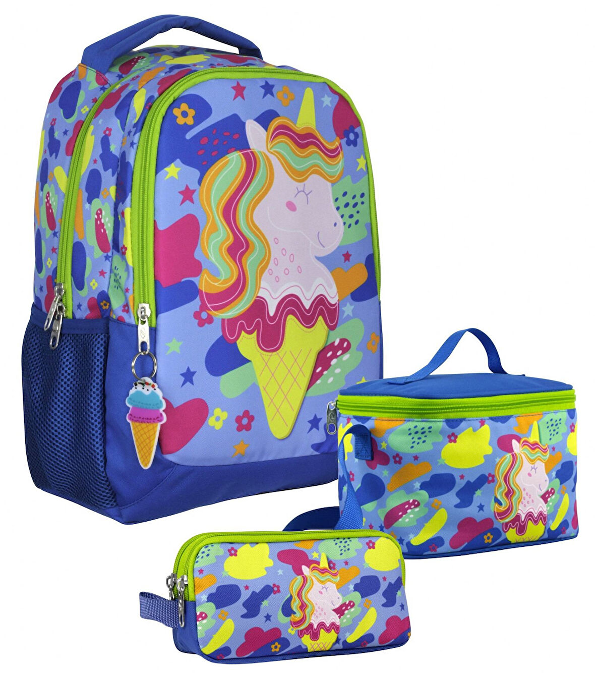 Cennec SETUMT5036A Üçlü İlkokul Çanta Seti (Mavi Yeşil - Dondurma ve Unicorn - Kız Çocuk)
