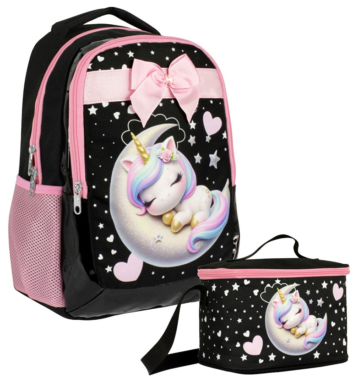 Cennec Uykucu Unicorn Desenli Kız Çocuk Siyah Pembe İkili Çanta ve Beslenme Seti - SETUMT5060B