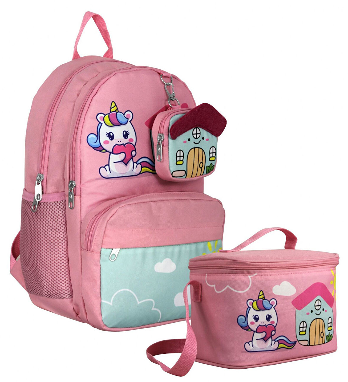Cennec Unicorn Desenli Kız Çocuk Pembe Yeşil İkili Çanta ve Beslenme Seti - SETUMT5051B
