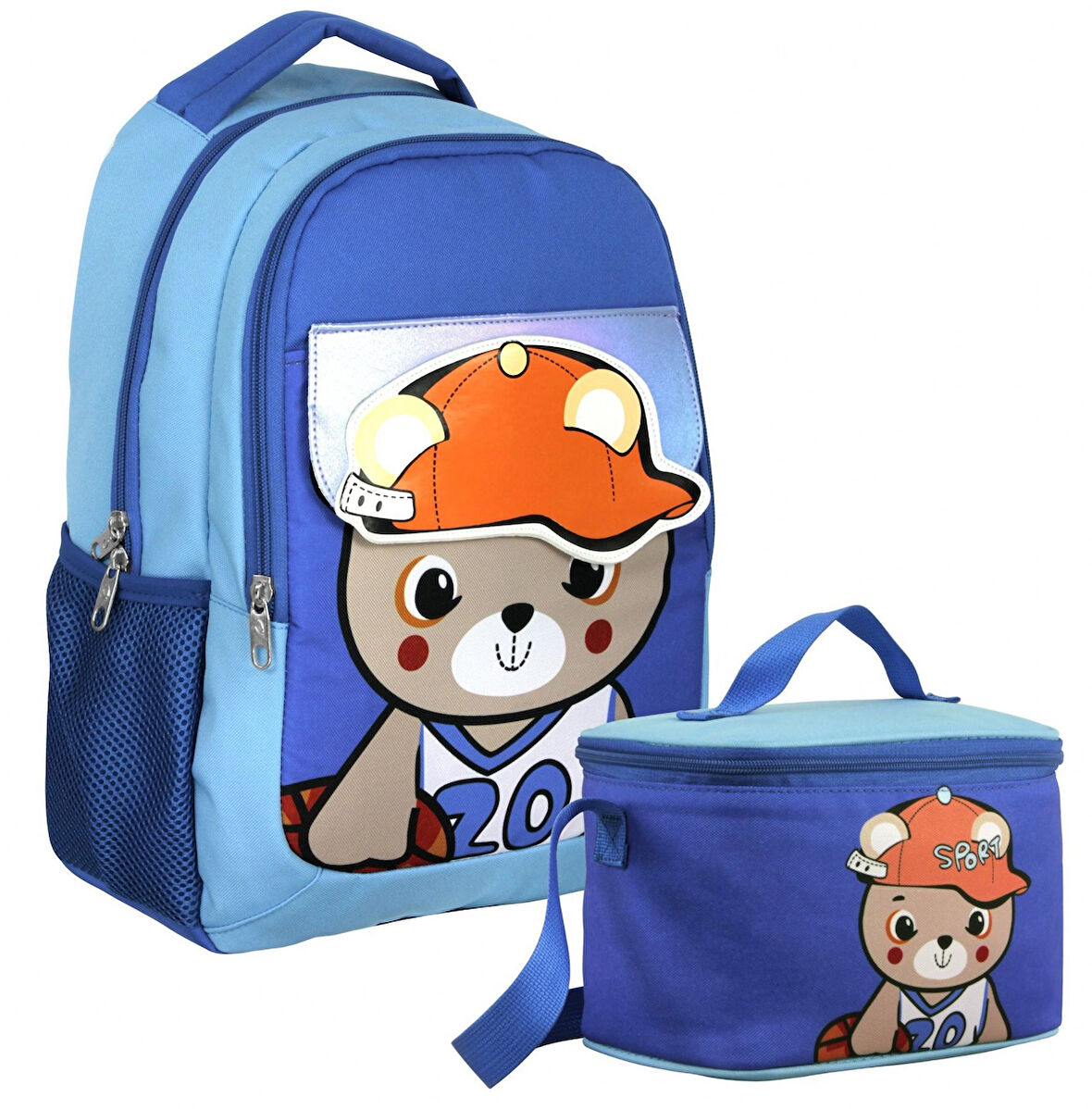 Cennec Şapkalı Ayıcık Desenli Erkek Çocuk Mavi İkili Çanta ve Beslenme Seti - SETUMT5021B