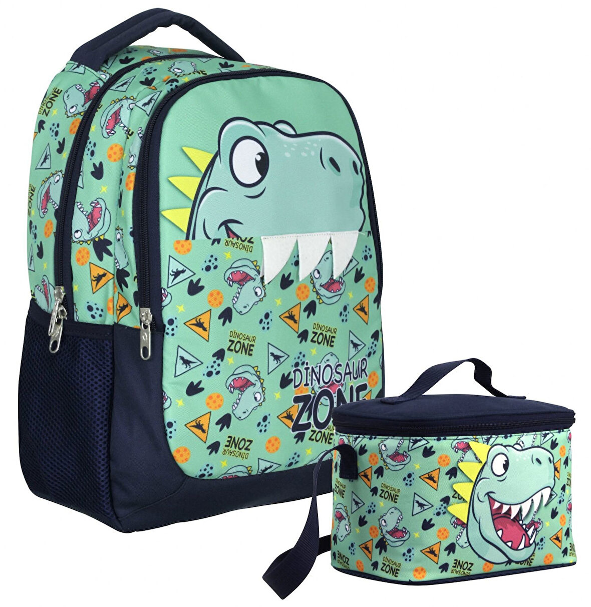 Cennec Dinazor Desenli Erkek Çocuk Yeşil Lacivert İkili Çanta ve Beslenme Seti - SETUMT5018B