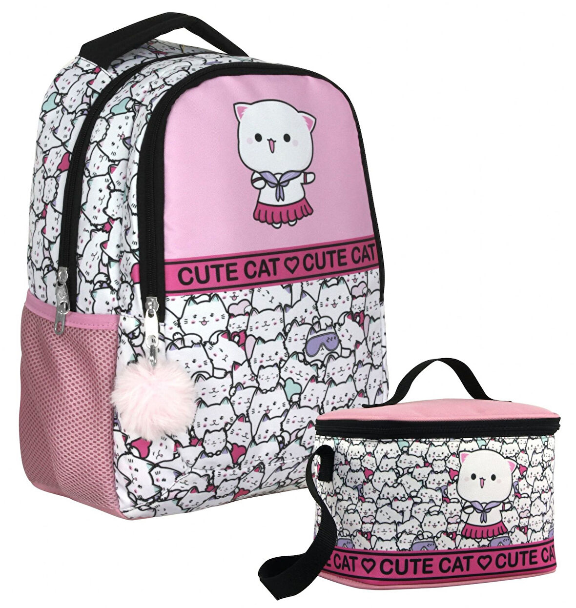 Cennec Sevimli Kediler Desenli Kız Çocuk Pembe Beyaz İkili Çanta ve Beslenme Seti - SETUMT5012B