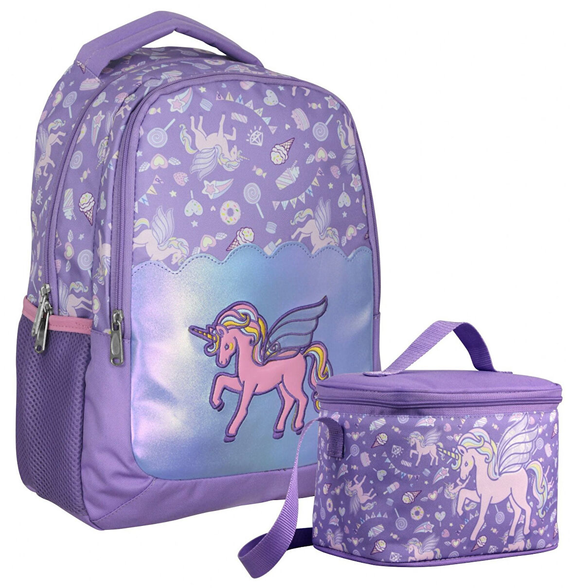 Cennec Nakışlı Unicorn Pegasus Desenli Kız Çocuk Lila İkili Çanta ve Beslenme Seti - SETUMT5027B