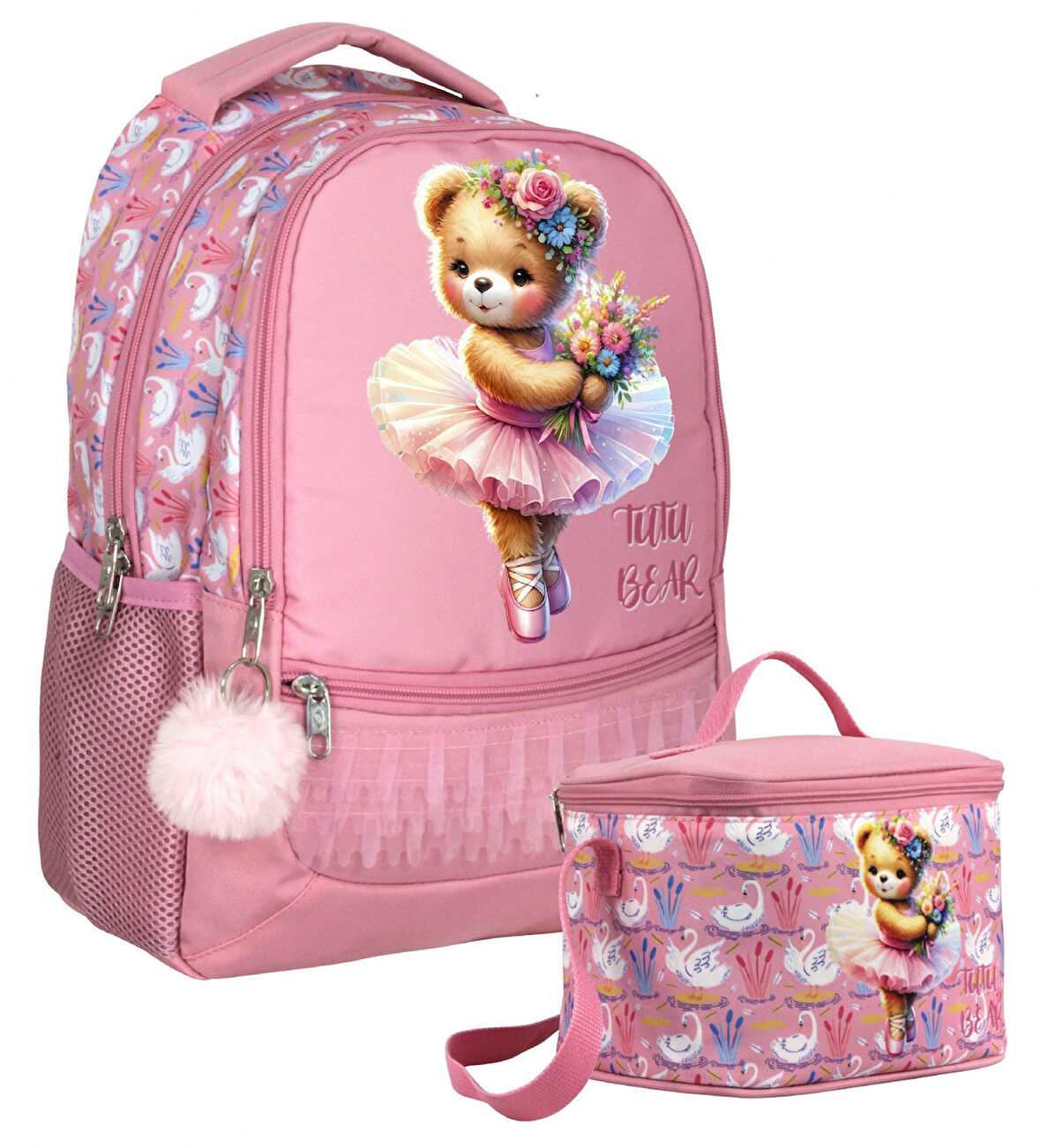 Cennec Balerin Ayıcık Desenli Kız Çocuk Pembe İkili Çanta ve Beslenme Seti - SETUMT5000B