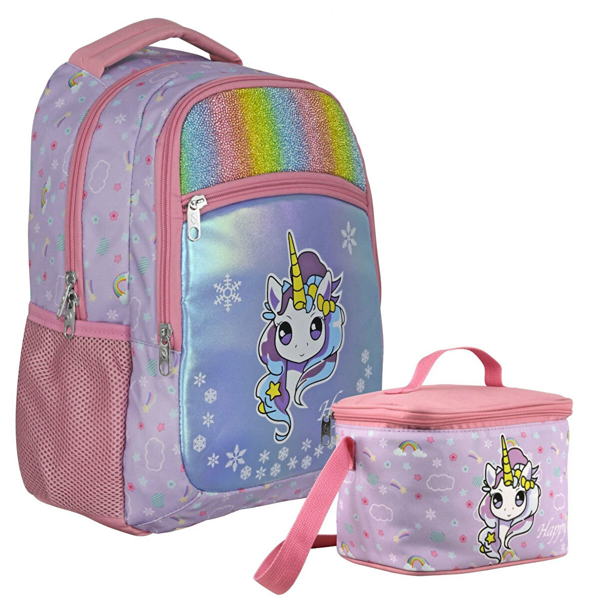 Cennec Gökkuşağı Unicorn Desenli Kız Çocuk Turkuaz Pembe İkili Çanta ve Beslenme Seti - SETUMT5015B