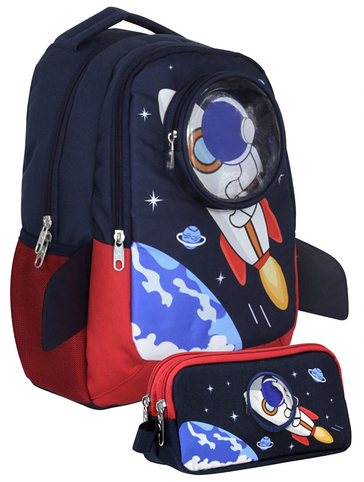 Cennec UMT5042+UMT5044 Sırt Çantası ve Kalemlik Seti (Lacivert Kırmızı - 3D Astronot - Erkek Çocuk)