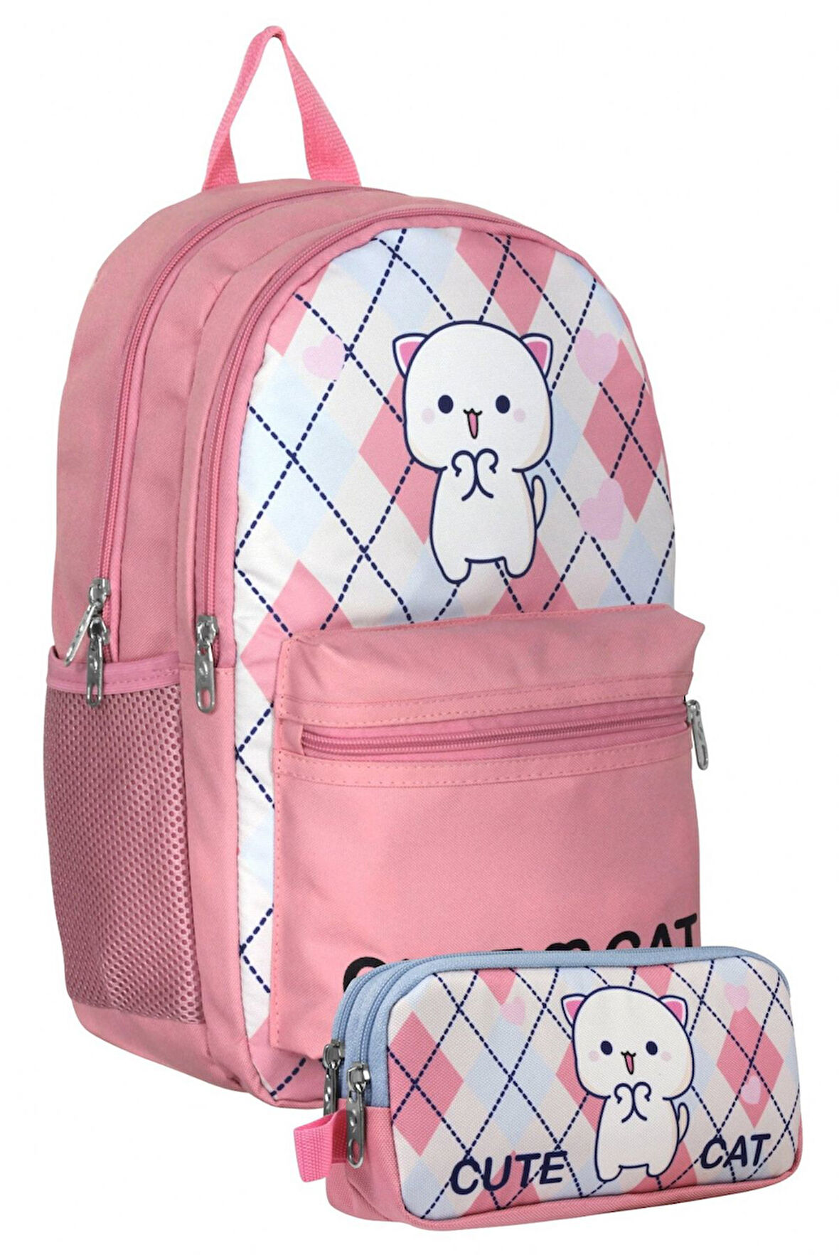Cennec UMT5024+UMT5026 Sırt Çantası ve Kalemlik Seti (Beyaz Pembe - Love Cute Cat - Kız Çocuk)