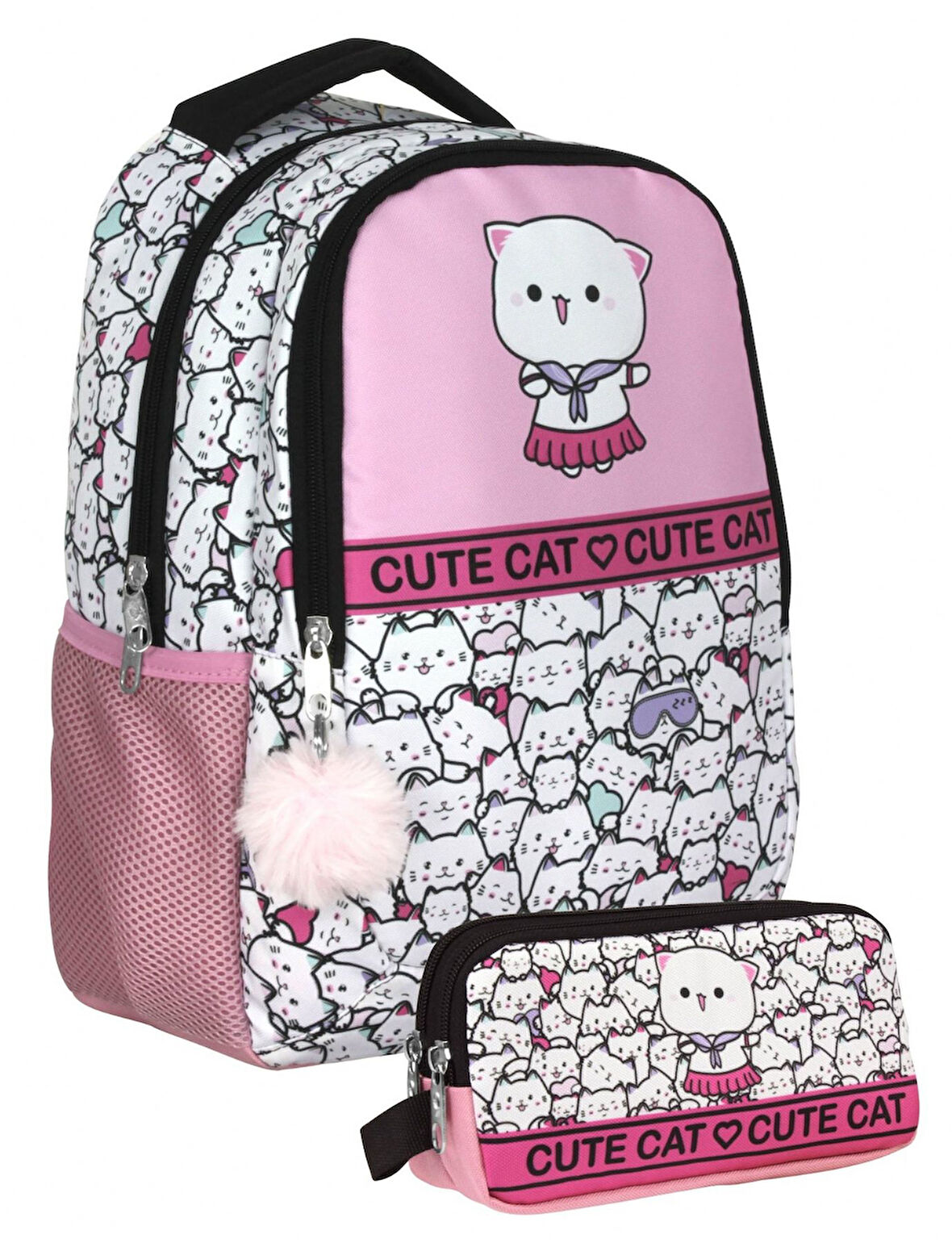 Cennec UMT5012+UMT5014 Sırt Çantası ve Kalemlik Seti (Pembe Beyaz - Sevimli Kediler - Kız Çocuk)