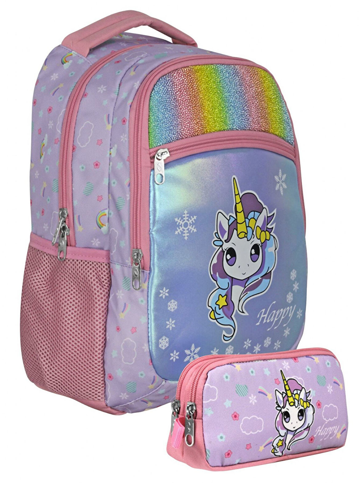 Cennec UMT5015+UMT5017 Sırt Çantası ve Kalemlik Seti (Turkuaz Pembe - Gökkuşağı Unicorn - Kız Çocuk)