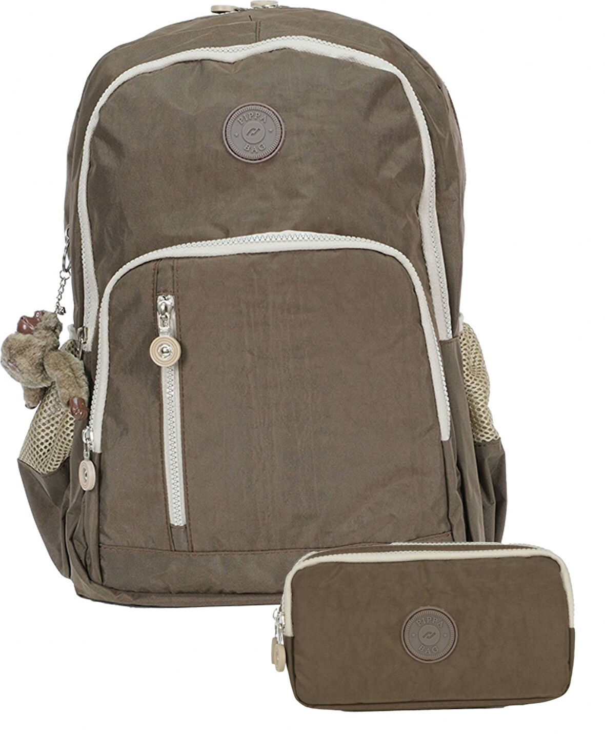 Pippa Krinkıl Kumaş Okul Çantası ve İki Gözlü Kalemlik  (Kız ve Erkek - Kahverengi - PPCNT8030-01)