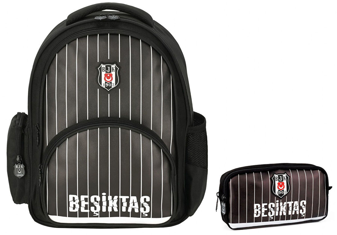 Beşiktaş Erkek Çocuk Çubuk Desenli Suni Deri Okul Çantası ve Kalemlik Seti (İkili Set) - 25352