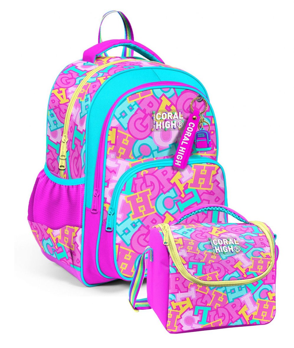 Coral High Kız Çocuk İlkokul Çantası ve Beslenme Seti - Pembe Su Yeşili Harf Baskılı SETYGN33241B