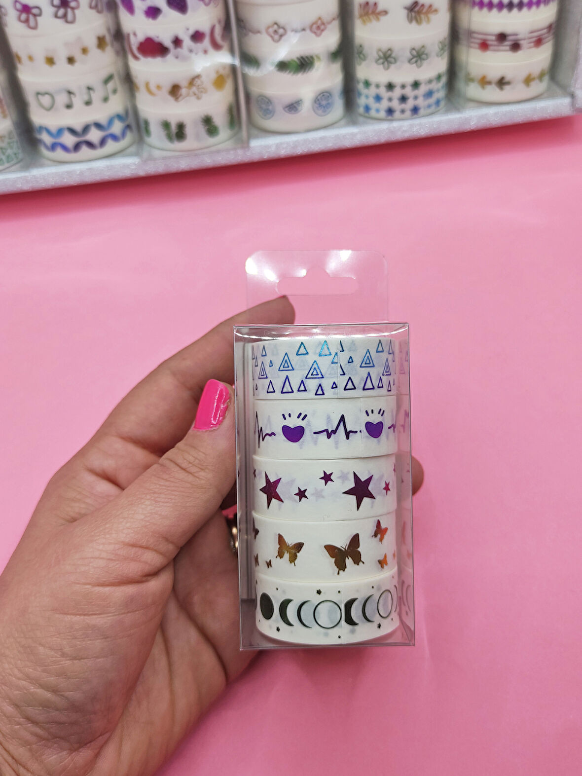 Renkli Yaldızlı Vintage Washi Tape Bant Yapışkanlı Maskeleme Kağıdı 5 lı - Dolunay