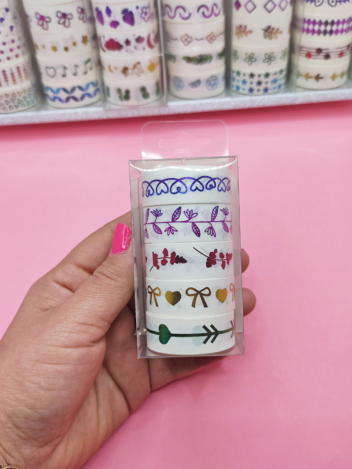 Renkli Yaldızlı Vintage Washi Tape Bant Yapışkanlı Maskeleme Kağıdı 5 lı - Fiyonk