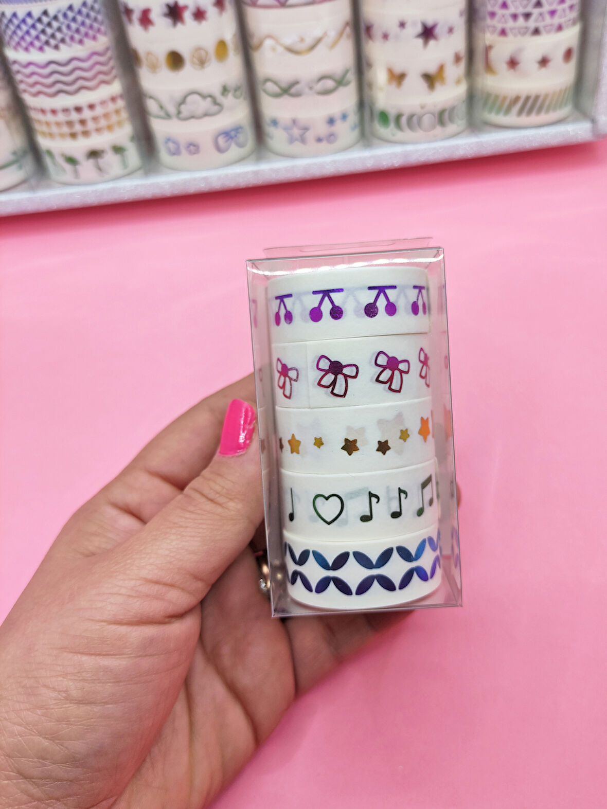Renkli Yaldızlı Vintage Washi Tape Bant Yapışkanlı Maskeleme Kağıdı 5 lı - Kiraz