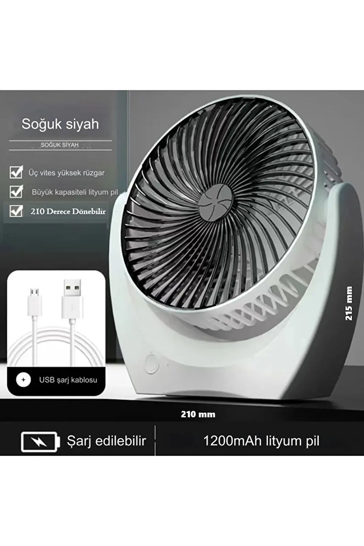 3 Kademeli Usbli Şarj Edilebilir 210 Derece Dönebilen Sessiz Ofis Ev Tipi Taşınabilir Fan & Pervane