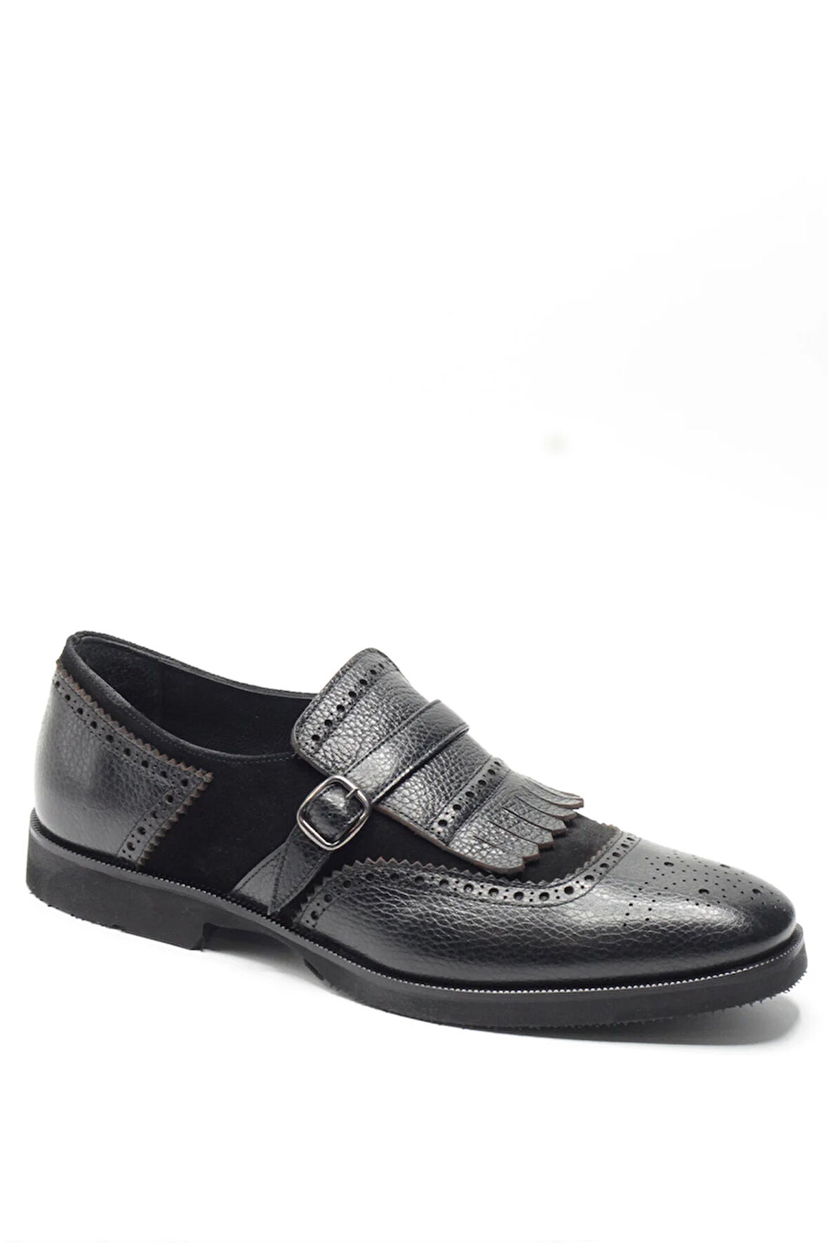 Siyah Hakiki Deri ve Süet Kombinli Kiltie Püsküllü Tokalı Monk Strap Klasik Erkek Ayakkabı