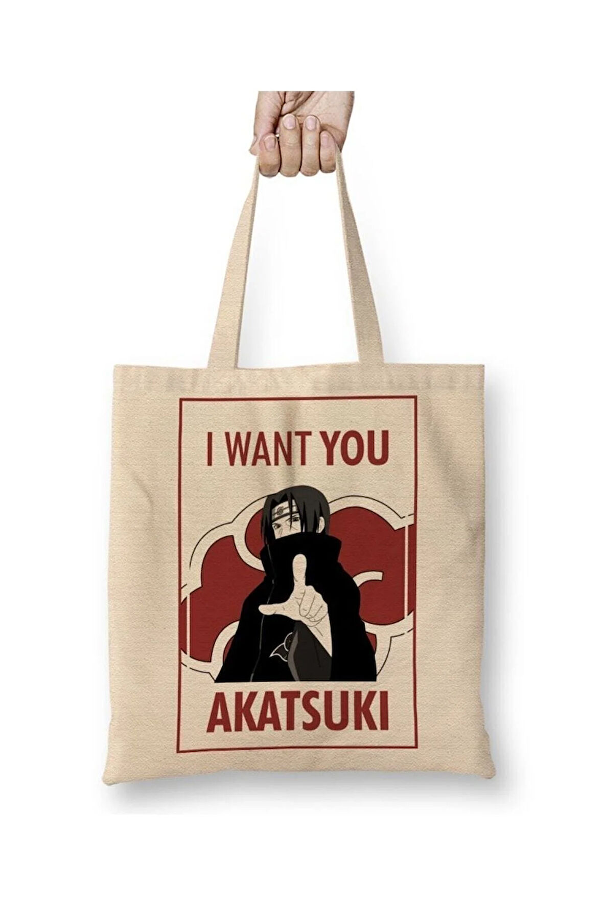 Recruta Akatsuki Naruto Beyaz Bez Çanta Uzun Saplı Alışveriş Çantası Plaj Çantası