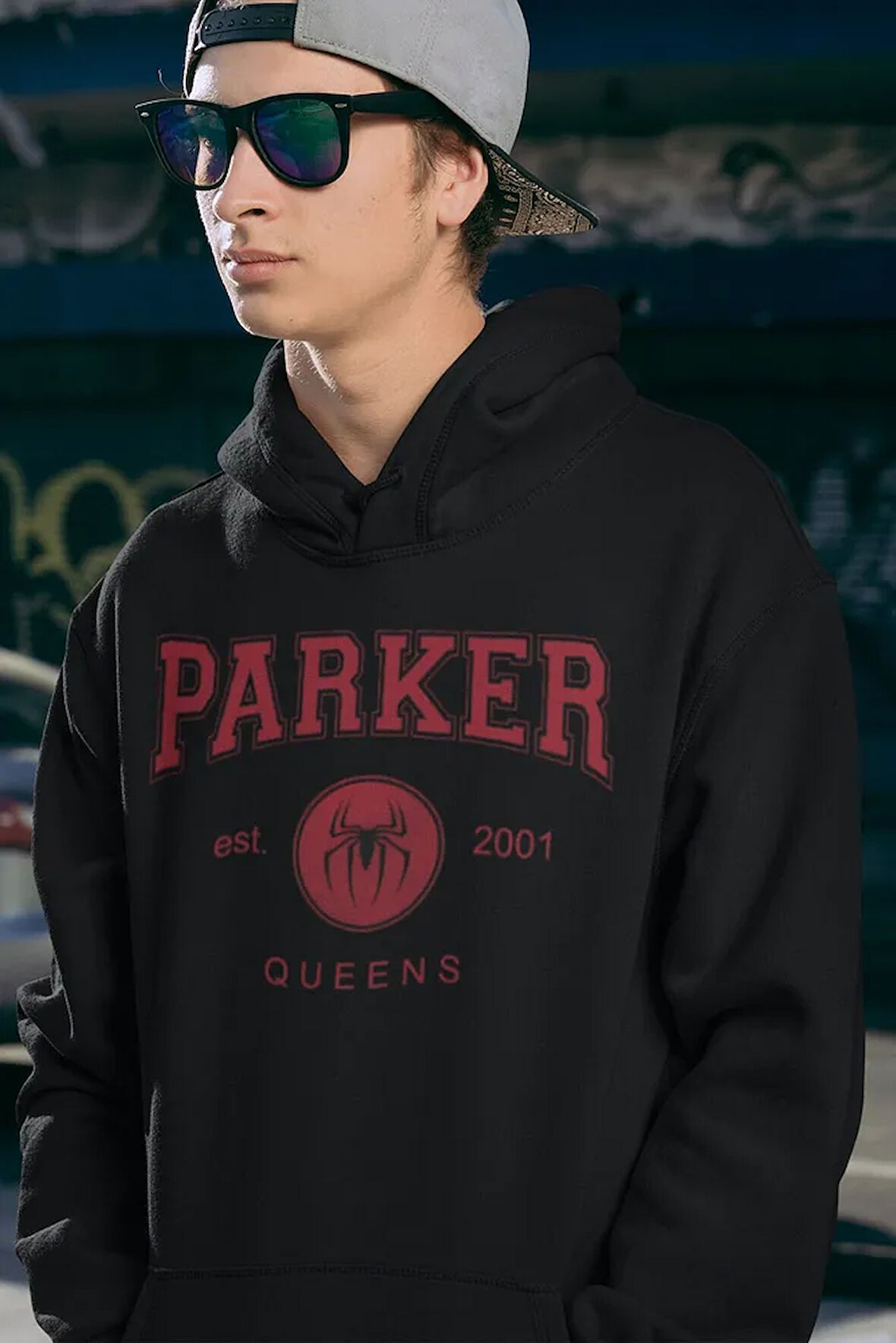 Parker Queens 2001 Baskılı Unisex Oversize Örümcek Adam Hoodie