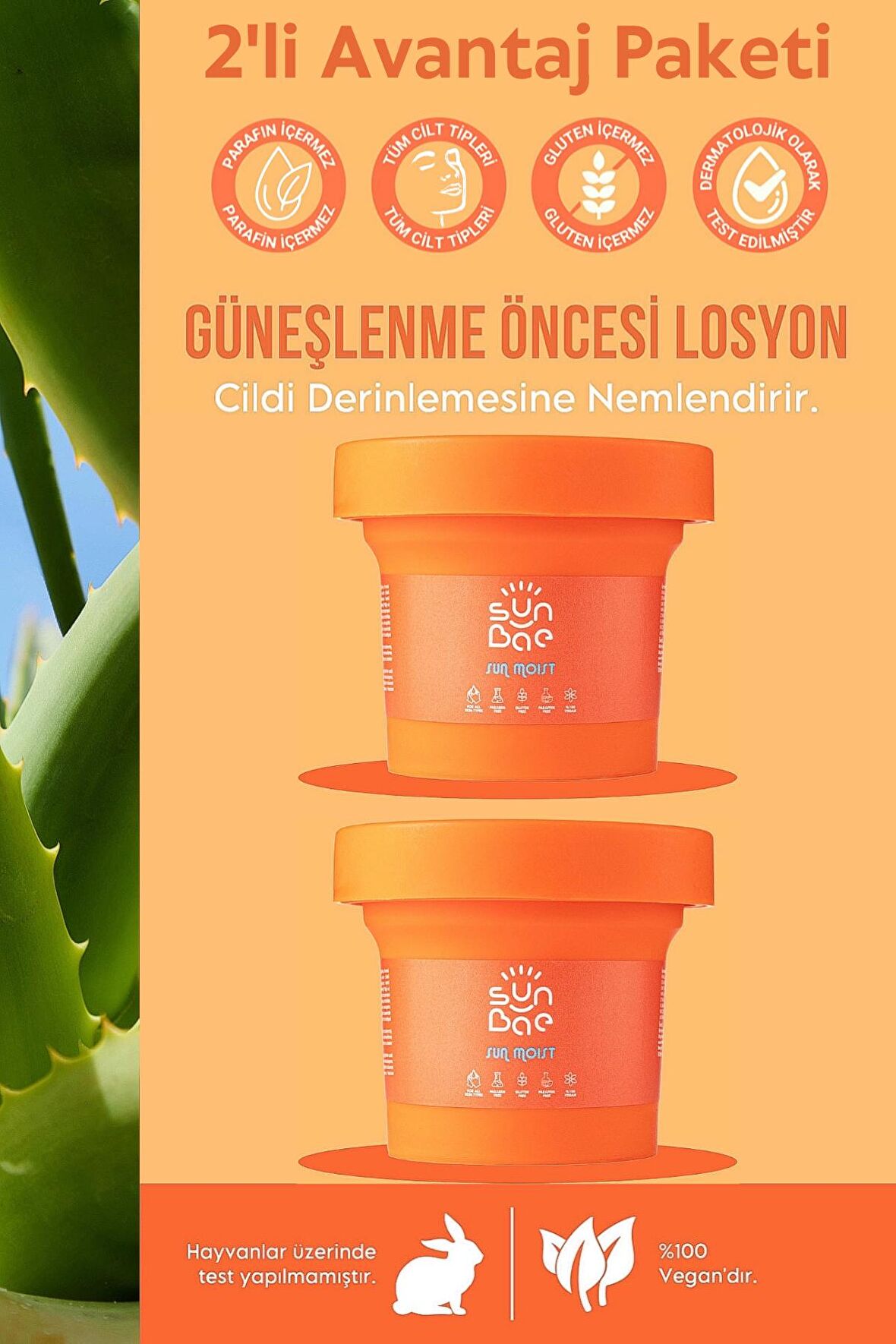 SunBae Sun Moist Bronzlaştıran Nemlendirici Vücut Losyonu 100mlx2 Aloe Vera Shea Yağ Kakao Havuç Calendula