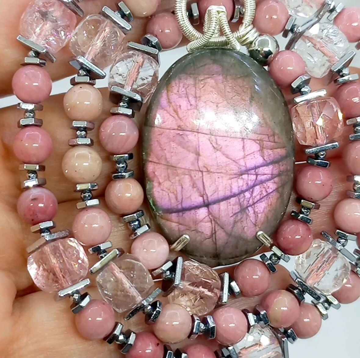 2457 Labradorit Rodonit Necef el yapımı kolye