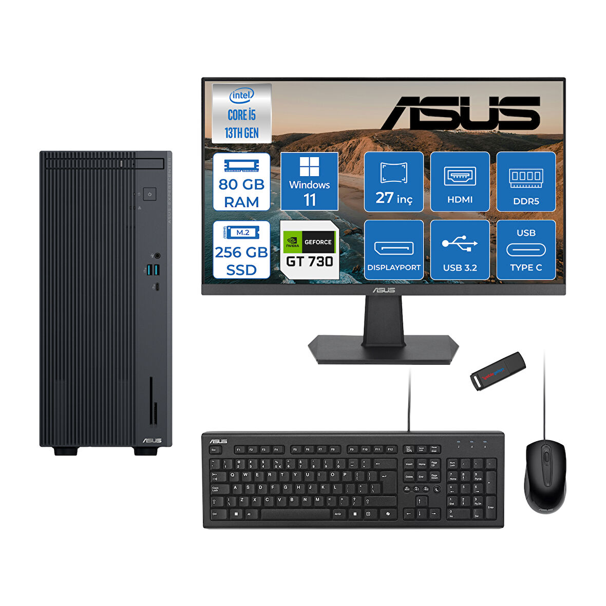Asus Expertcenter P500MV Intel Core I5-13420H 80GB Ddr5 256GB SSD WIN11HOME 4GB/GT730 100HZ IPS 27" Mon Minitower Masaüstübilgisayar WF5136216512B0DH26+ZETTAUSBBELLEK