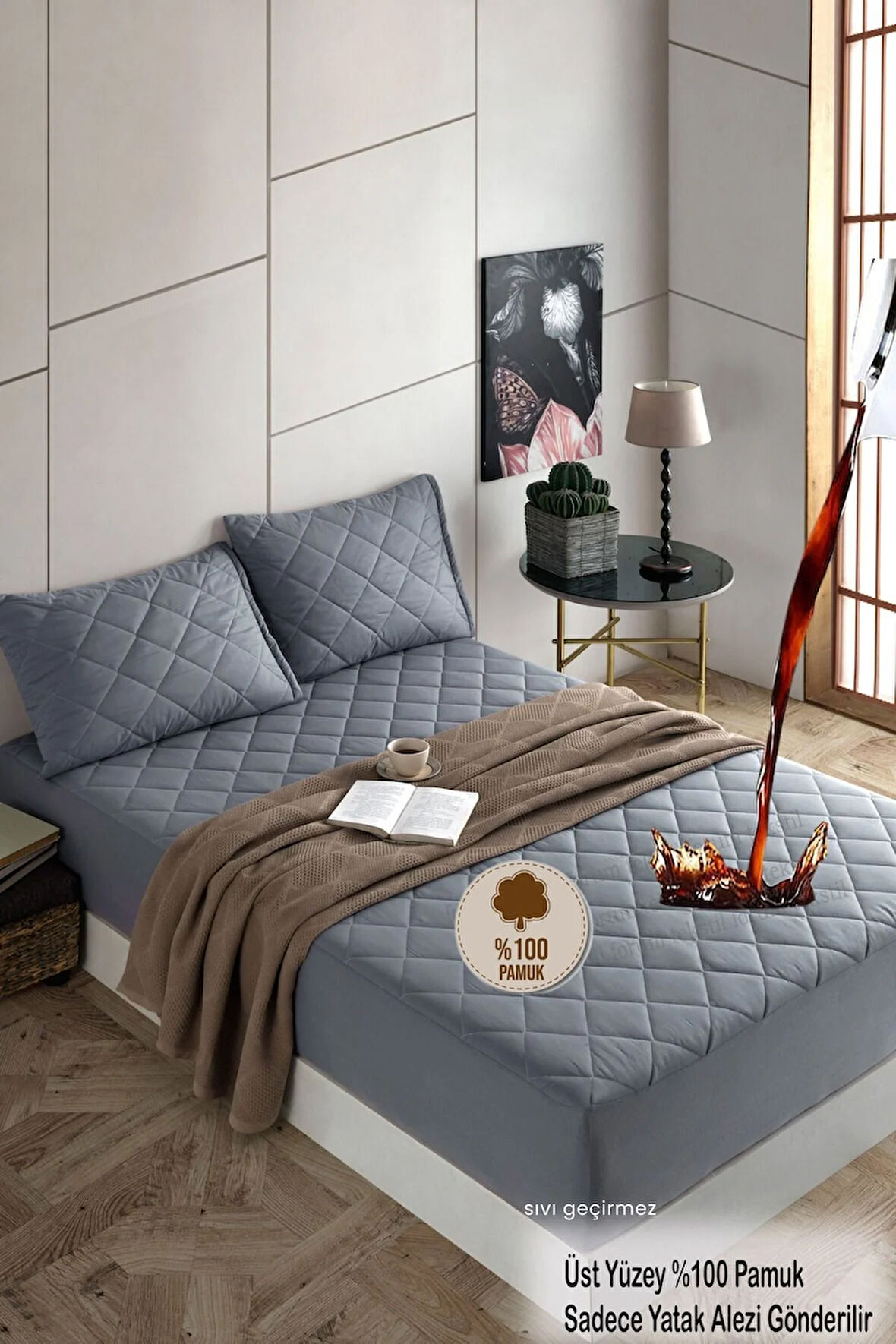 Formeya Pamukkale Renkli Alez Gri Kapitone Sıvı Geçirmez Yatak Koruyucu Fitted Alez Çarşaf