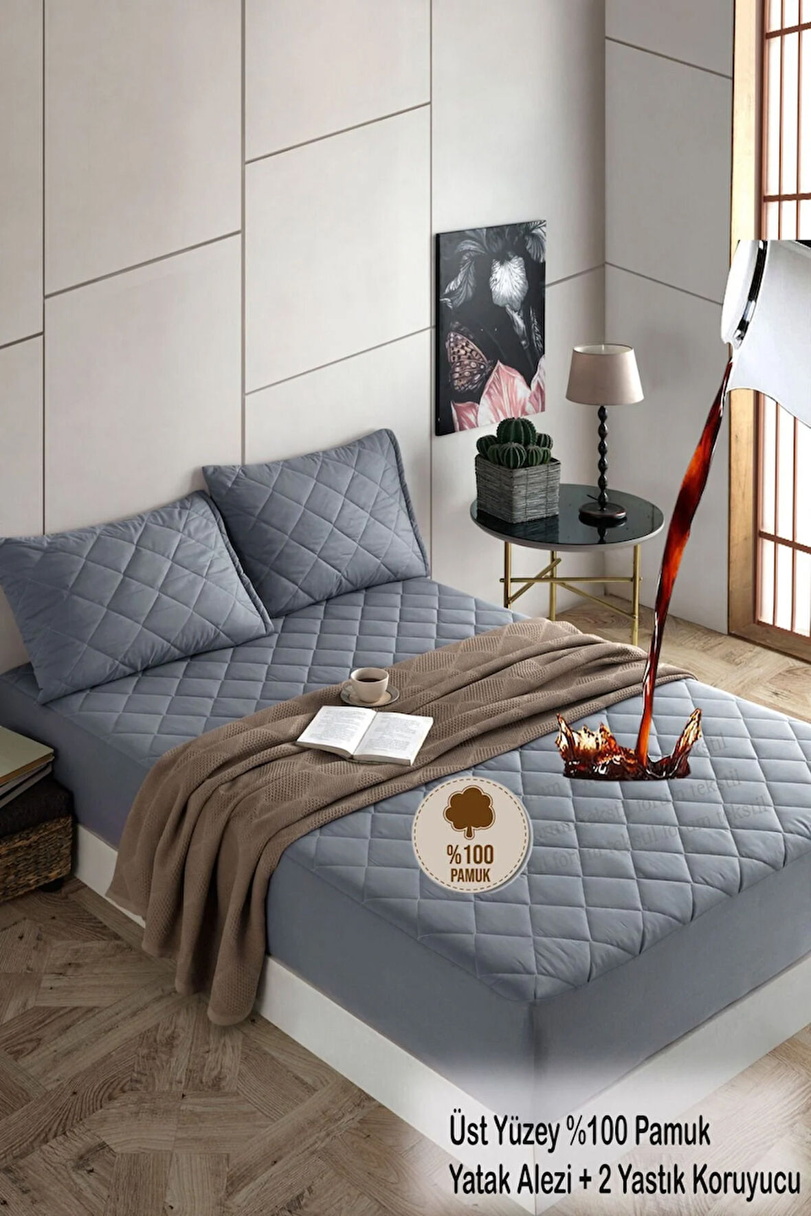 Formeya Set Pamukkale Alez Gri %100 Pamuk Kapitone Yatak Koruyucu Ve Yastık Koruyucu Çarşaf Alez