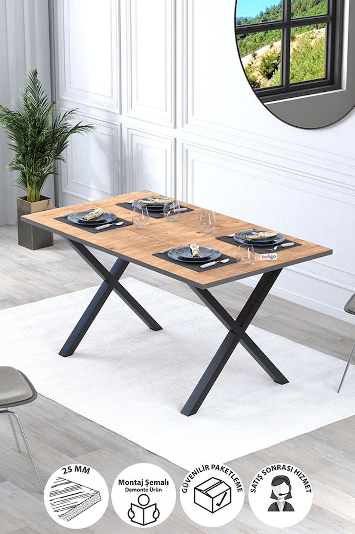 Bofigo Yemek Masası Metal Ayaklı Mutfak Masası Luna  85 x 150 Cm X Ayaklı Çam