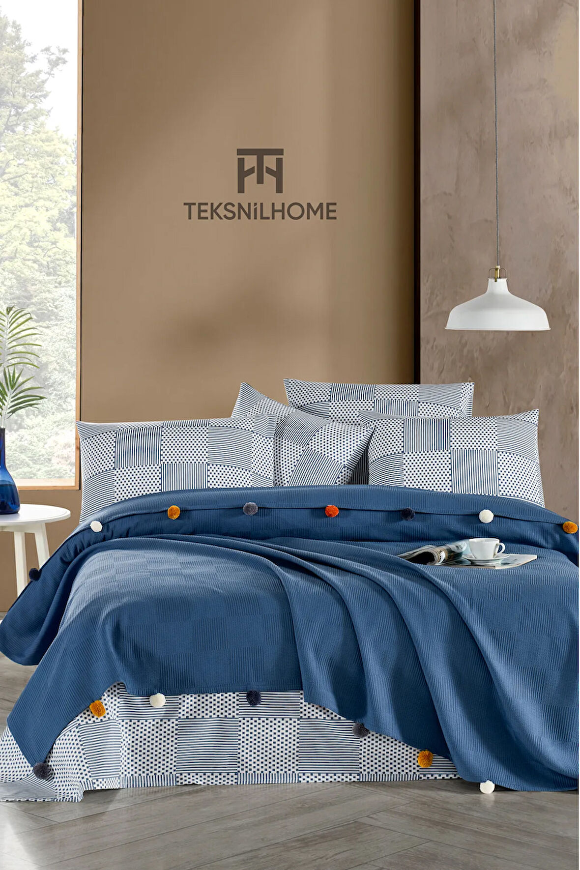 %100 Pamuk İndigo Ponponlu Pike Takımı 3 Parça (Pike,Çarşaf,Yastık Kılıfı)