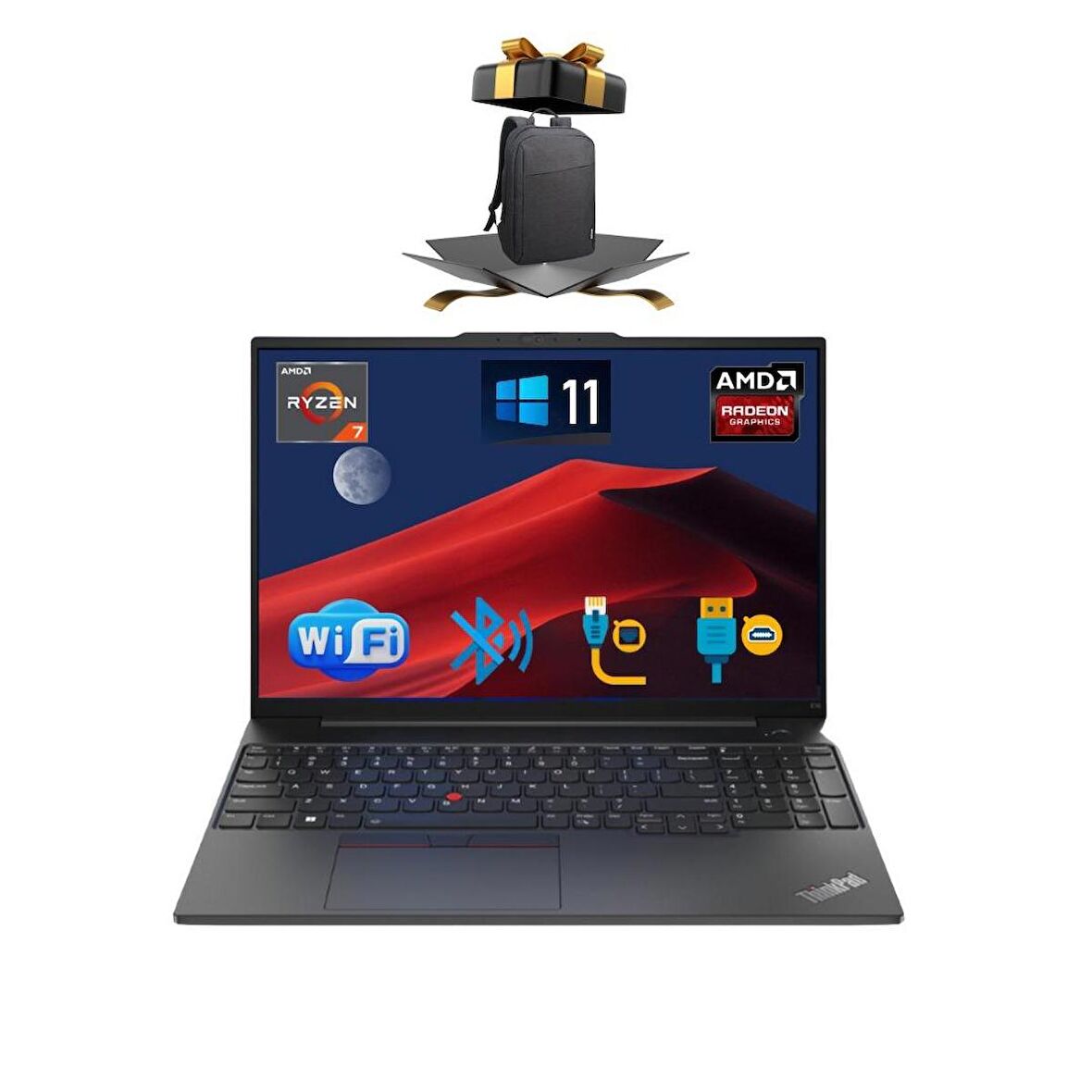 Lenovo Nb E16 Thınkpad 21JT0017TX ATL49 RYZEN7-7730U 8GB 512GB M.2 SSD O/b 16 WİN 11 PRO Taşınabilir Bilgisayar + ÇANTA
