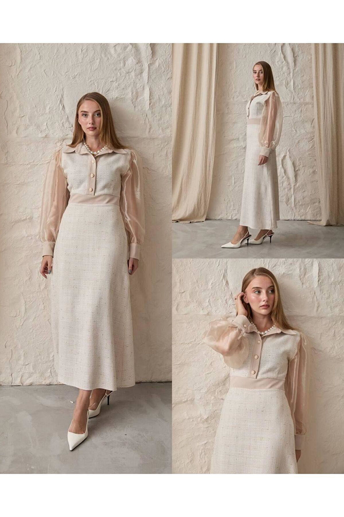 Kolları organize tül uzun elbise