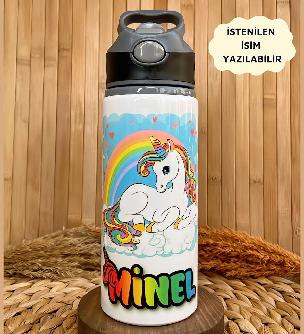 Kişiye Özel İsimli Gökkuşağı Unicorn Temalı Kız Çocuk Pipetli Matara Suluk 650 ml