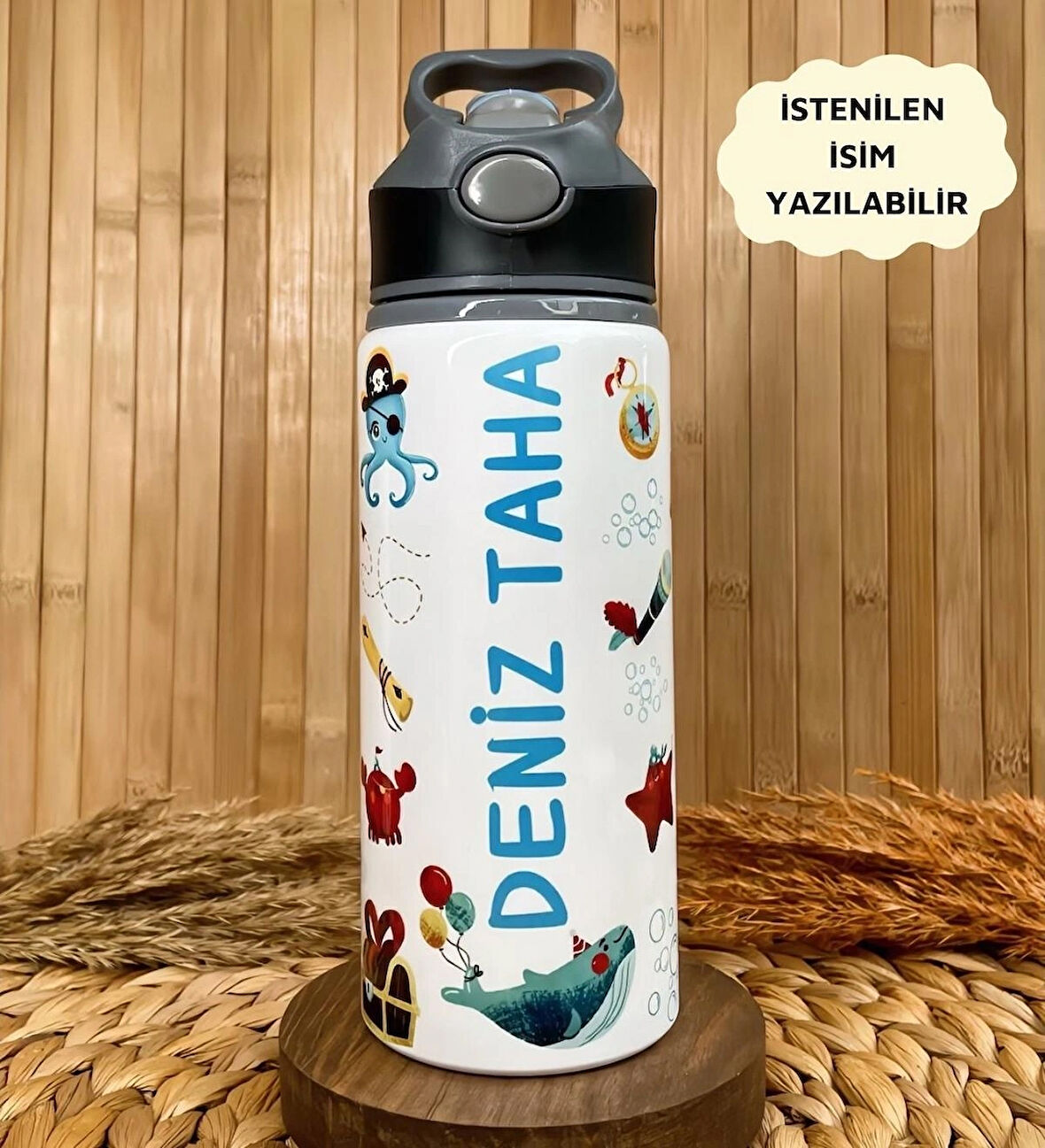 Kişiye Özel İsimli Erkek Çocuk Korsan Pipetli Suluk Matara 650 ml