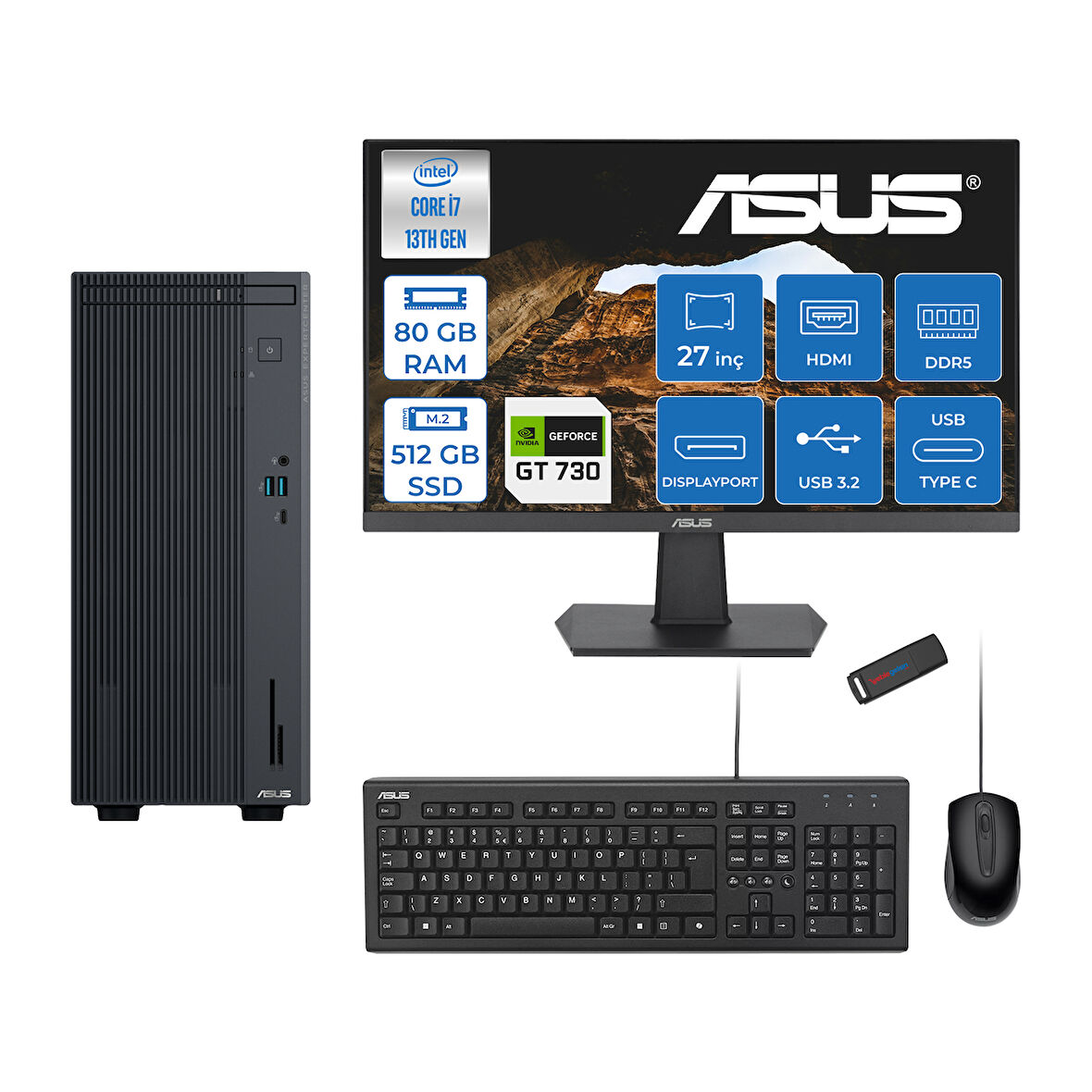 Asus Expertcenter P500MV Intel Core I7-13620H 80GB Ddr5 512GB SSD Freedos 4GB/GT730 100HZ IPS 27" Mon Minitower Masaüstübilgisayar WF7136216512B0DF27+ZETTAUSBBELLEK