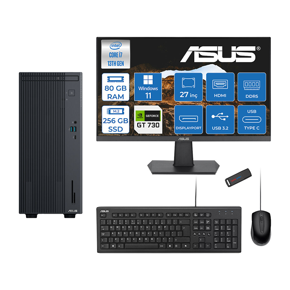 Asus Expertcenter P500MV Intel Core I7-13620H 80GB Ddr5 256GB SSD WIN11HOME 4GB/GT730 100HZ IPS 27" Mon Minitower Masaüstübilgisayar WF7136216512B0DH26+ZETTAUSBBELLEK