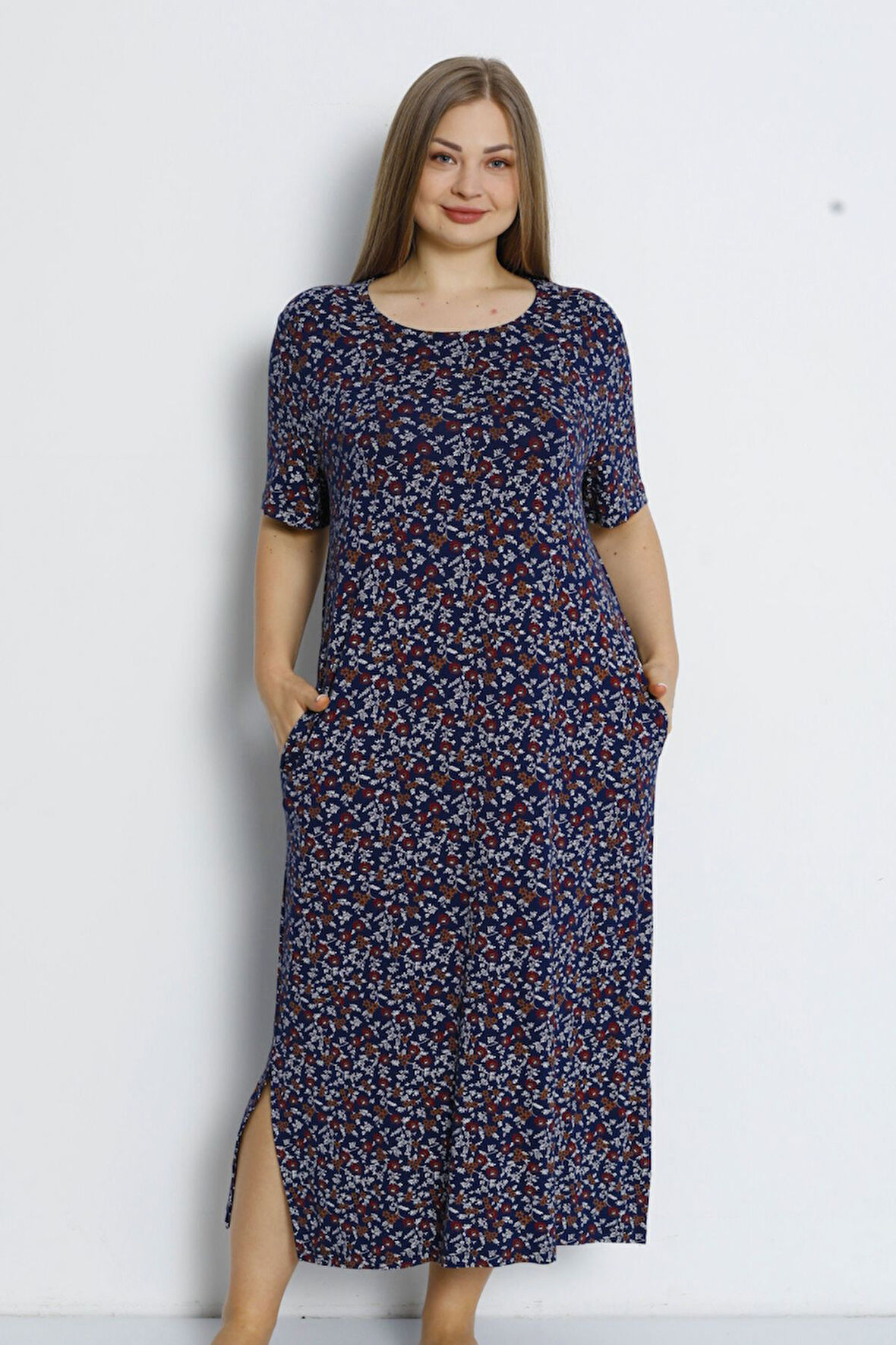 Kadın Büyük Beden Cepli Kısa Kollu Maxi Boy Viskon Elbise