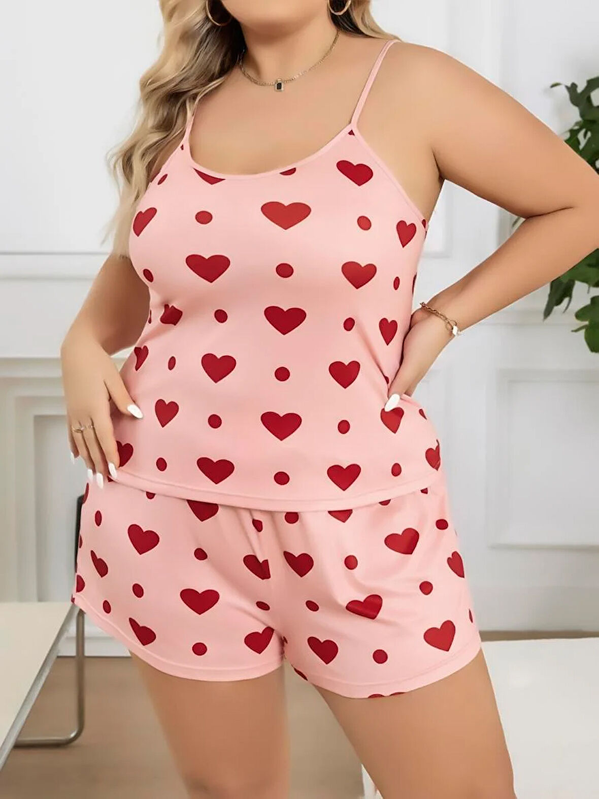 Büyük Beden Pembe Kalp Desen Pamuklu Şortlu Pijama Takımı