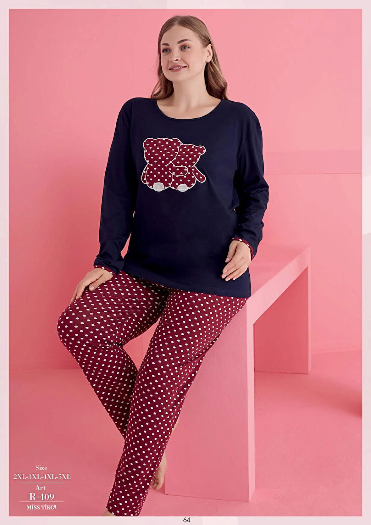 BüyükBeden Pamuklu Ayıcık Desenli Pijama Takımı