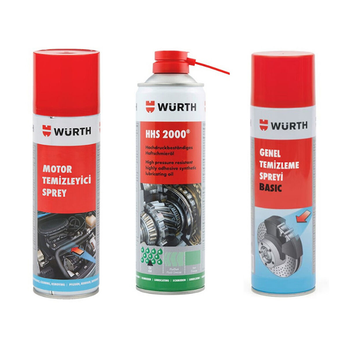 Würth Süper 3'lü Bakım Seti (Motor Temizleme Spreyi - Hhs 2000 Yağlama Spreyi - Genel Temizleme Spreyi)