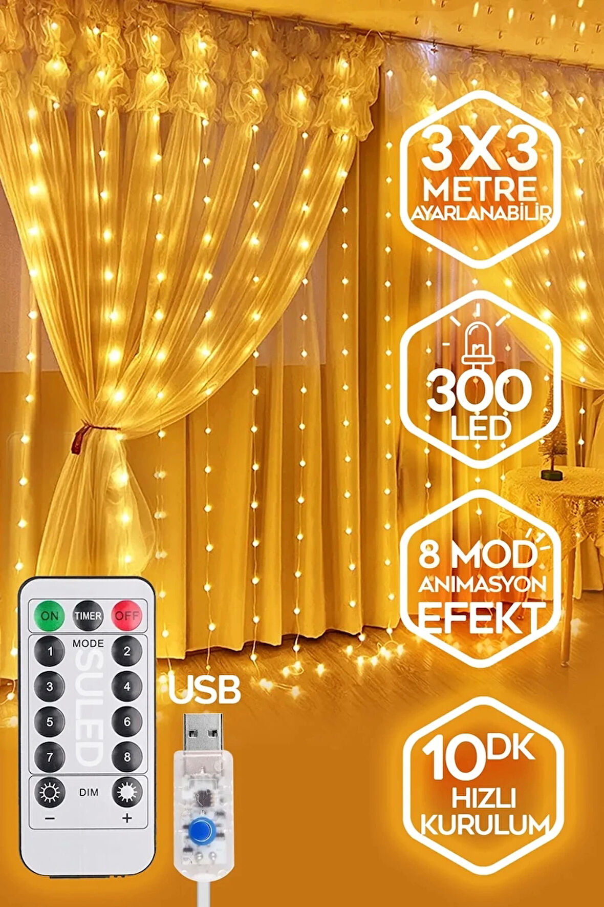 300 Ledli 10 Saçaklı Sarı Led Kumandalı 8 Modlu Perde Led Peri Mutfak Işık Dekoratif Lamba