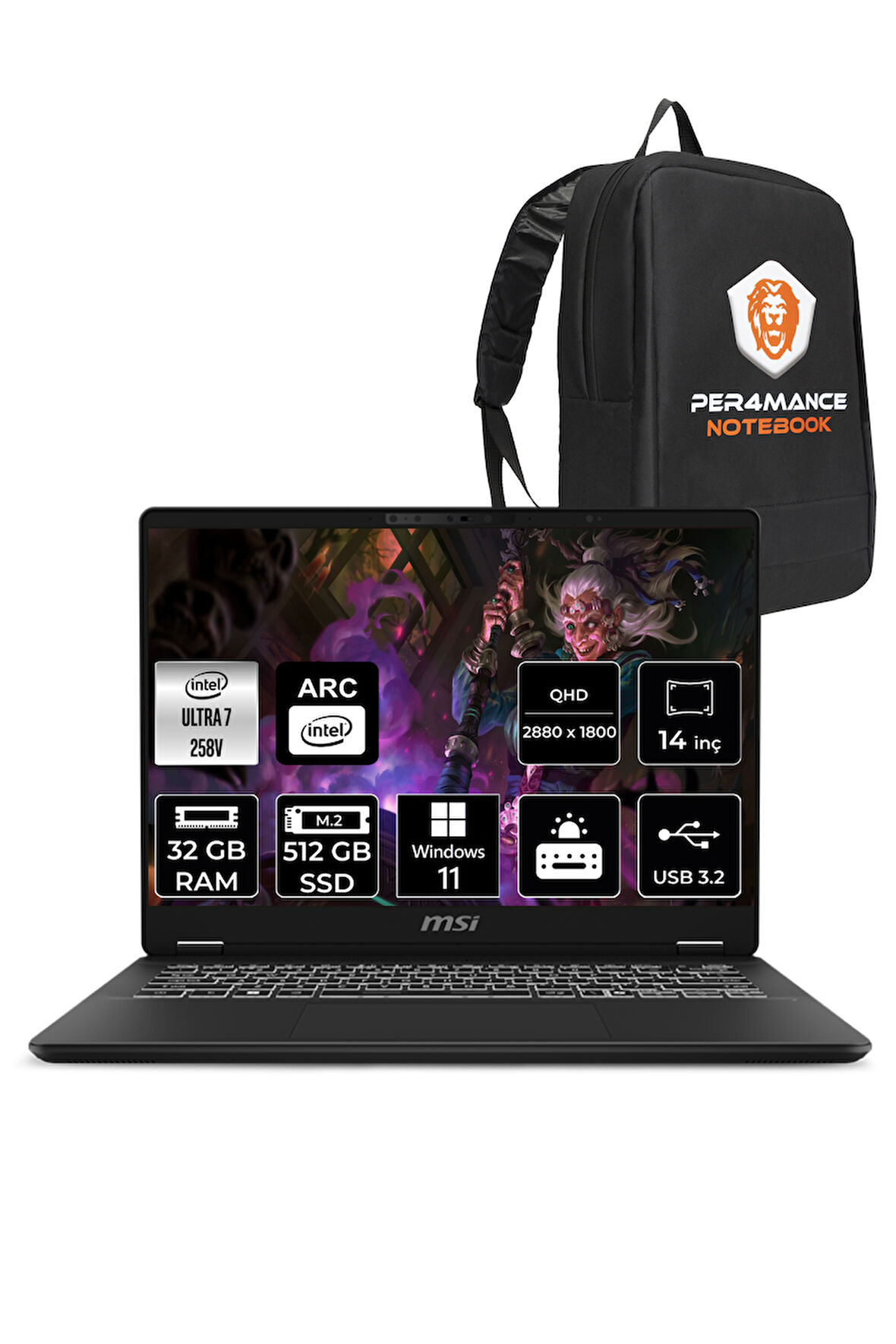 MSI Prestige 14 AI+ Evo Ultra 7 258V 32GB 512GB SSD  14" OLED 2.8K W11P Notebook & PER4 ÇANTA